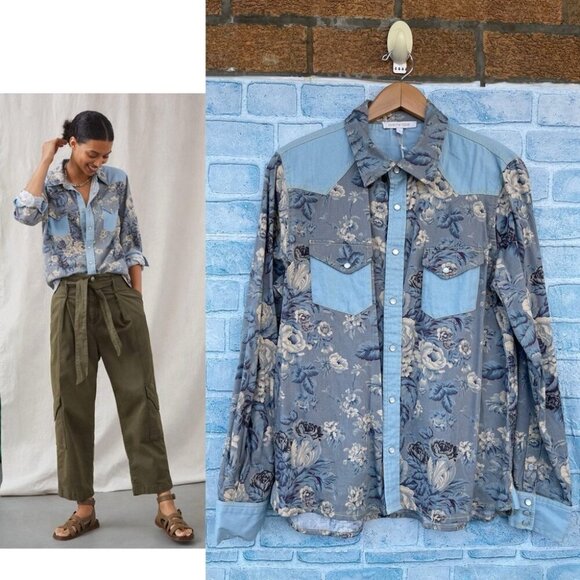 LOVE THE LABEL ANTHROPOLOGIE FLORAL CHAMBRAY BUTTONDOWN TOP LARGE - Picture 1 of 16